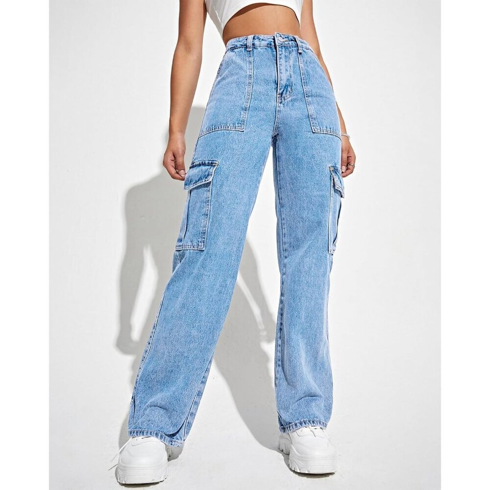 Fashionable Light Blue Cargo Trousers for Women – High Waisted, 6 Pockets, Large - Picture 3 of 6